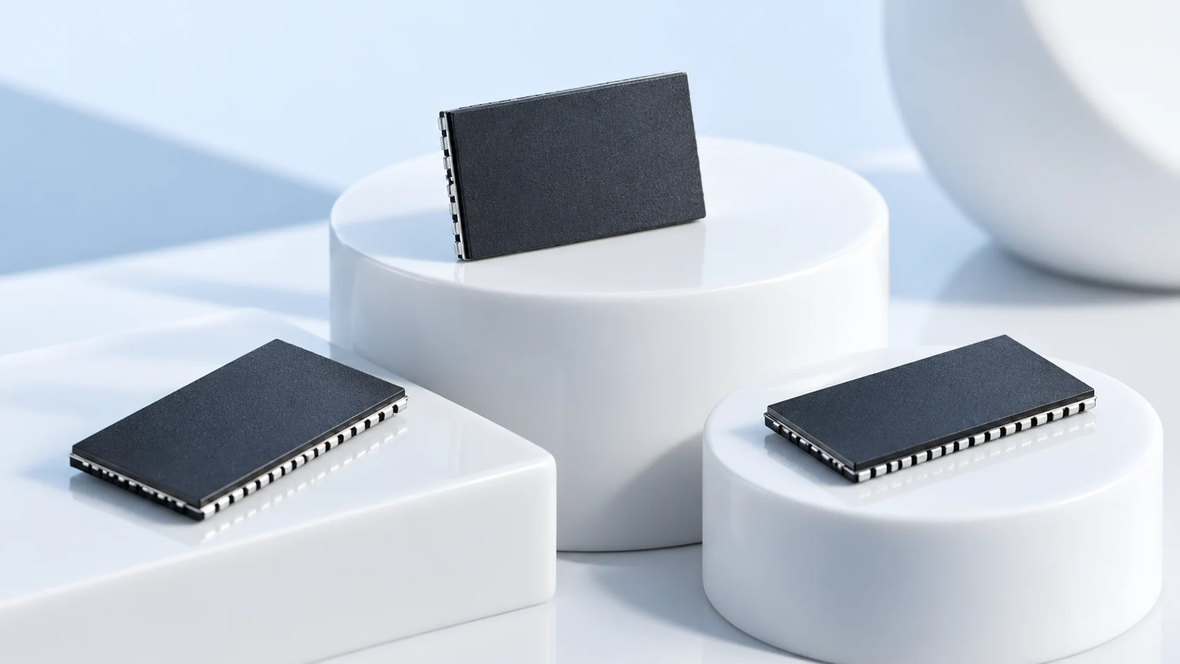Memory components arranged on white display plinths